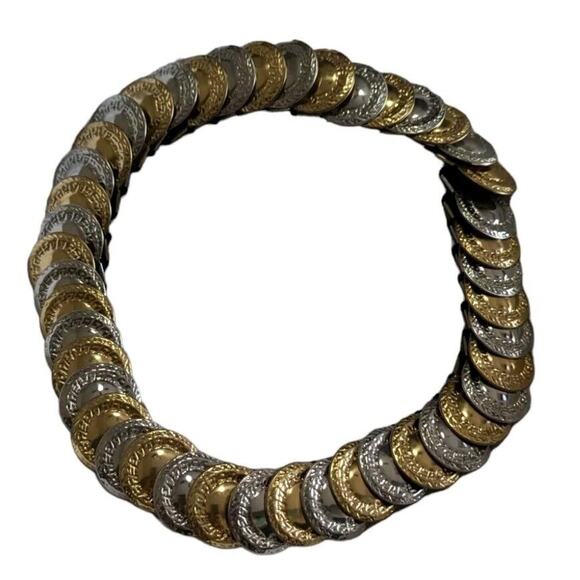 Vintage Gold Silver Metal Disc Coins Stretch Belt 80s Medallion - Picture 2 of 14